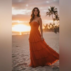 Orangey-Red Strapless Maxi Dress